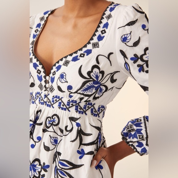 Anthropologie | Sweetheart Embroidered White and Blue Mini Dress - Picture 2 of 9